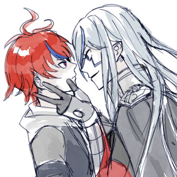  1boy 1girl ahoge blue_eyes blue_streaks bodysuit cape commentary eye_contact face-to-face facial_mark gloves hand_on_another's_cheek hand_on_another's_face highres hood hoodie lakujox long_hair looking_at_another multicolored_hair pointy_ears red_bodysuit red_hair short_hair streaked_hair sumino_takumi the_hundred_line_-last_defense_academy- v'ehxness white_background white_hair white_hoodie 