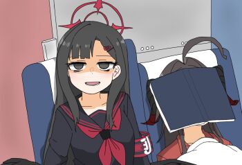  2girls ahoge black_hair blue_archive book_on_face collarbone commando_(movie) commentary_request demon_girl demon_horns empty_eyes halo highres horns ichika_(blue_archive) kasumi_(blue_archive) long_hair looking_at_viewer low_wings multiple_girls ngongo1250 no_halo no_halo_on_purpose oekaki open_mouth red_halo sitting train_interior very_long_hair wings 