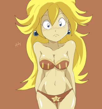  1girl blonde_hair blue_eyes blush bra breasts brown_background brown_bra brown_panties cleavage collarbone earrings floral_print jewelry lace lace-trimmed_bra lace_trim long_hair looking_at_viewer mario_(series) medium_breasts navel neoslashott nintendo panties pearl_earrings princess_peach print_bra print_panties standing star_(symbol) star_print super_star_(mario) underwear 