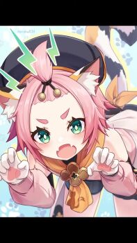  1girl animal_ear_fluff animal_ears animated black_headwear black_shorts blush cat_ears cat_girl cat_tail claw_pose detached_sleeves diona_(genshin_impact) dress fangs forehead genshin_impact gloves green_eyes highres leaning_forward looking_at_viewer making-of open_mouth pink_hair short_hair shorts sketch skin_fangs solo tagme tail topknot twitter_username uruha_(yw1109) video white_dress white_gloves  rating:General score:11 user:WinDGo