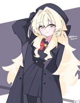  1girl beret black_gloves black_pantyhose black_skirt blonde_hair blue_archive blush bow bowtie commentary_request gloves green_eyes hand_on_headwear hat highres hukuro_kasiwa long_hair pantyhose professor_niyaniya_(blue_archive) red_ribbon ribbon skirt smile solo 