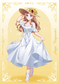  1girl absurdres arm_up bang_dream! bang_dream!_it's_mygo!!!!! bare_shoulders blue_eyes breasts brown_hair character_name chinese_commentary choker cleavage collarbone commentary_request copyright_name dress flower full_body gradient_background hand_on_headwear hat hat_flower hat_ribbon highres long_hair looking_at_viewer medium_breasts musical_note mygo!!!!!_(bang_dream!) nagasaki_soyo nuoweisenlin_tongren_gongzuoshi off-shoulder_dress off_shoulder parted_bangs ribbon sandals short_sleeves skirt_hold smile solo standing straw_hat sun_hat sundress sunflower tujiu_sama white_choker white_dress white_ribbon yellow_background yellow_flower 
