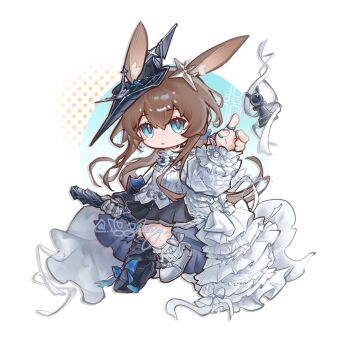  1girl amiya_(arknights) amiya_(guard)_(arknights) amiya_(guard)_(in_a_myriad_of_universes)_(arknights) animal_ears arknights black_skirt blue_eyes boots brown_hair highres holding holding_sword holding_weapon looking_at_viewer miniskirt official_alternate_costume open_mouth rabbit_ears rabbit_girl sha_niba_yu shirt skirt solo sword weapon white_boots white_shirt 