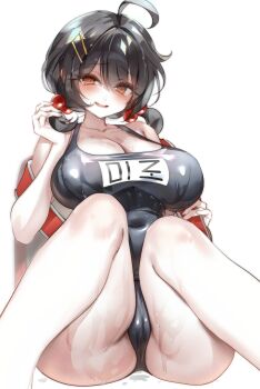  1girl absurdres ahoge black_hair black_one-piece_swimsuit blush breasts brown_eyes character_request collarbone copyright_request double-parted_bangs fang feet_out_of_frame hair_between_eyes hair_ornament hairclip highres holding holding_own_hair knees_up large_breasts looking_at_viewer low_twintails na1tsu2me3 old_school_swimsuit one-piece_swimsuit open_mouth parallel_hairclips school_swimsuit short_hair short_twintails simple_background sitting skin_fang smile solo sphere_hair_ornament swimsuit twintails wet wet_clothes wet_swimsuit white_background 