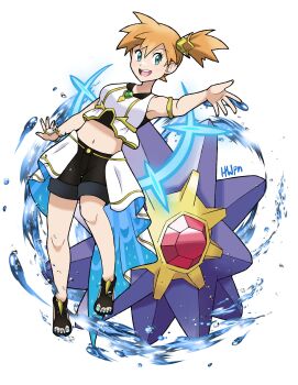 1girl :d alternate_costume arm_up armlet asymmetrical_hair black_shorts bracelet breasts crop_top eyelashes feet gem gen_1_pokemon green_eyes hawpoon highres jewelry knees looking_at_viewer midriff misty_(arc_suit)_(pokemon) misty_(pokemon) nail_polish navel nintendo official_alternate_costume open_mouth orange_hair outstretched_arm pokemon pokemon_rgby ponytail sandals short_hair shorts side_ponytail smile solo starmie teeth toenail_polish toenails toes tongue upper_teeth_only water