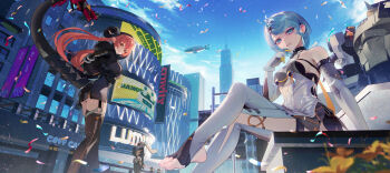  3girls absurdres aircraft ammunition arm_support asymmetrical_gloves bare_shoulders black_horns blindfold_mask blonde_hair blue_eyes blue_hair blue_sky brown_thighhighs building camouflage camouflage_jacket camouflage_pants closed_mouth clothing_cutout commentary confetti covered_eyes crossed_legs curled_horns dirigible dress elbow_gloves feet flower flower_hairpin gloves hair_ornament hairpin hand_on_own_chin highres horns humanoid_robot jacket long_hair looking_at_viewer magus_(zenless_zone_zero) mask mechanical_horns mechanical_tail mismatched_gloves multiple_girls orange_hair orange_pupils orphie_magnusson outdoors pants parted_lips pointy_ears ponytail robot see-through_dress_layer seed_(zenless_zone_zero) seed_sr. side_cutout sitting sky skyscraper smile standing stirrup_legwear symbol-only_commentary tail thigh_cutout thighhighs toeless_legwear toes trigger_(zenless_zone_zero) twintails white_gloves yellow_flower zenless_zone_zero ziiiing zipper_dress 