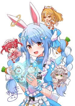  4girls :d absurdres animal_ear_fluff animal_ears apron blonde_hair blue_dress blue_hair blush bow braid brown_eyes brown_shoes carrot_hair_ornament chibi commentary_request dress food-themed_hair_ornament frilled_apron frills green_eyes grey_hair grey_shoes hair_between_eyes hair_bow hair_ornament heart heterochromia highres holding hololive hololive_fantasy houshou_marine kiritoma long_hair maid_headdress mini_person minigirl multicolored_hair multiple_girls open_mouth pekomon_(usada_pekora) ponytail puffy_short_sleeves puffy_sleeves rabbit-shaped_pupils rabbit_ears rabbit_girl red_eyes red_shoes shiranui_flare shirogane_noel shoes short_eyebrows short_sleeves signature simple_background smile socks streaked_hair symbol-shaped_pupils thick_eyebrows twin_braids twintails two-tone_hair usada_pekora very_long_hair virtual_youtuber white_apron white_background white_bow white_hair white_socks 