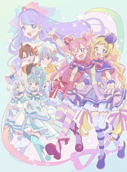  2boys 5girls :3 ;d absurdres aqua_bow aqua_bowtie aqua_hair aqua_sash aqua_thighhighs arched_crown arm_up beret blonde_hair blue_bow blue_bowtie blue_choker blue_crown blue_eyes boots bow bowtie braid brooch brown_hair capelet choker clenched_hand closed_mouth crown cure_friendy cure_lillian cure_nyammy cure_wonderful dress dress_bow earrings flat_cap frilled_thighhighs frills grey_hair hair_bow hairband hat heart heart_brooch highres holding_hands inukai_iroha jewelry lilylily0601 long_hair looking_at_another looking_at_viewer magical_boy magical_girl medium_dress mini_crown mini_hat mini_top_hat multicolored_hair multiple_boys multiple_girls necklace nekoyashiki_mayu nekoyashiki_yuki nico-sama off-shoulder_dress off_shoulder one_eye_closed open_mouth pact_holder pantyhose pearl_necklace pink_boots pink_bow pink_crown pink_eyes pink_hair pink_pantyhose pointed_crown precure puffy_short_sleeves puffy_sleeves purple_bow purple_bowtie purple_capelet purple_dress purple_eyes purple_hair purple_hairband purple_hat purple_shoes reaching reaching_towards_viewer red_bow red_bowtie red_capelet red_dress sash shoes short_hair short_sleeves side_ponytail smile standing star_(symbol) straight_hair striped_clothes striped_pantyhose thighhighs tilted_headwear top_hat toyama_daifuku toyama_daifuku_(magical_boy) toyama_satoru toyama_satoru_(magical_boy) twin_braids two-tone_hair very_long_hair white_dress white_hat white_thighhighs wonderful_precure! wrist_cuffs yellow_hairband yellow_pantyhose 