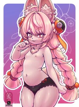  1girl :3 ahoge animal_ear_fluff animal_ears animal_nose black_panties blush body_fur bow bow_panties braid breasts clenched_hand cowboy_shot flat_chest furry furry_female genyacero hair_ornament hand_to_own_mouth hand_up kyojiri_loli loli long_hair looking_at_viewer navel nipples open_mouth outline panties pink_hair rabbit_ears rabbit_girl rabbit_tail red_eyes small_breasts smile solo tail thighs topless_female twin_braids twintails underwear underwear_only very_long_hair white_outline zenless_zone_zero zhao_(zenless_zone_zero) 