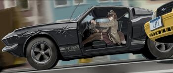  1girl animal_ears arai_kogane black_car brown_thighhighs car commentary_request damaged driving ford ford_crown_victoria ford_crown_victoria_(2nd_generation) ford_mustang highres motor_vehicle muscle_car no_car_door original radio_antenna red_skirt shelby_gt500 skirt solo steering_wheel tail taxi textless_version thighhighs vehicle_chase vehicle_focus yellow_car 