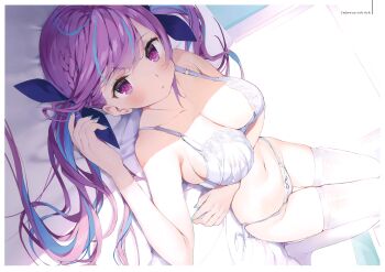1girl absurdres armpit_crease bare_arms bare_shoulders blue_hair blue_nails blush bow bow_panties bra breasts cleavage collarbone colored_inner_hair dutch_angle female_focus gaou_(umaiyo_puyoman) hair_ribbon highres hololive large_breasts long_hair looking_at_viewer lying minato_aqua multicolored_hair nail_polish navel no_shoes non-web_source on_back on_bed panties parted_lips purple_eyes purple_hair ribbon scan solo stomach streaked_hair thighhighs twintails two-tone_hair underwear underwear_only virtual_youtuber white_bra white_panties white_thighhighs window rating:Sensitive score:56 user:danbooru