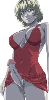  1futa bible_black blonde_hair breasts cleavage curvy dress earrings erection futanari huge_breasts jewelry jody_crowley large_breasts necklace no_panties no_testicles penis plunging_neckline red_dress shin_bible_black short_hair witch  rating:Explicit score:9 user:cyanthe