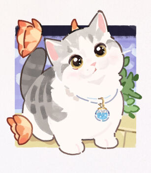  animal animal_focus border bug butterfly cat commentary english_commentary gentlecat highres insect jewelry necklace no_humans original outside_border photo-referenced purple_background solo white_border yellow_eyes 