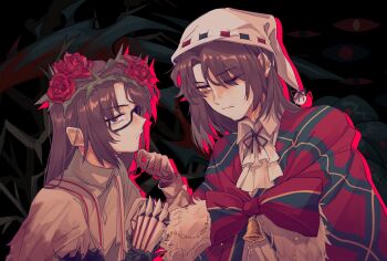 2boys abdomen_tail absurdres alternate_costume arthropod_limbs artist_name ascot bags_under_eyes beads beard_stubble bell black-framed_eyewear black-framed_glasses black_background blanket blood blood_on_clothes blood_on_hands bow bowtie brown_hair buttons capelet chain chest_bow christmas christmas_nightmare_(e.g.o) closed_mouth collared_dress crown_of_thorns dark_background diamond_(shape) diamond_button dirty dirty_clothes dngrumauma dress drop_shadow dual_persona e.g.o_(project_moon) expressionless extra_arms eyes_visible_through_hair facial_hair floral_background flower flower_wreath formal_clothes from_side frown fur-trimmed_shawl fur-trimmed_sleeves fur-trimmed_slippers fur_collar fur_trim garden_of_thorns_(e.g.o) gauntlet gauntlets glasses gloves green_ribbon green_shawl green_tail gregor_(project_moon) hair_between_eyes hair_flower hair_intakes hair_ornament hair_vines hairband hand_grab hands_up hat head_wreath highres holding_hands limbus_company long_hair long_sleeves looking_at_another looking_at_viewer looking_down looking_to_the_side male_bride male_focus monster monster_boy multiple_boys neck_ribbon nightcap official_alternate_costume one_eye_closed pajamas parted_bangs plaid_blanket plaid_bow plaid_clothes plaid_shawl plant project_moon red_bow red_flower red_ribbon red_rose red_shawl red_strips ribbon ribbon-trimmed_hat ribbon_trim rose sash semi-rimless_eyewear shawl shoulder_sash simple_background single_gauntlet single_glove striped_bow striped_bowtie striped_clothes stubble tail thorns torn_capelet torn_clothes torn_dress turtleneck turtleneck_dress two-tone_ribbon two-tone_shawl under-rim_eyewear upper_body vines white_ascot white_buttons white_capelet white_dress white_hat white_pajamas white_sash wreath yellow_eyes
