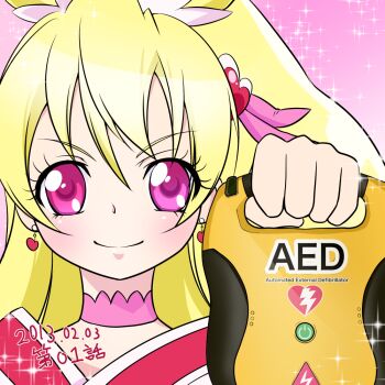 10s 1girl 2013 aed aida_mana blonde_hair choker cure_heart dated defibrillator dokidoki!_precure earrings eyelashes female_focus hair_ornament heart heart_hair_ornament jewelry long_hair magical_girl pink_eyes precure smile solo yoshimune