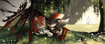  2boys 2girls absurdres amy_rose andoraliix blonde_hair doom_wings forest furry furry_female furry_male gerald_robotnik glasses globe gloves grass green_eyes highres looking_at_object maria_robotnik multiple_boys multiple_girls nature old old_man red_eyes shadow_the_hedgehog sonic_(series) sonic_generations sonic_x_shadow_generations wings 