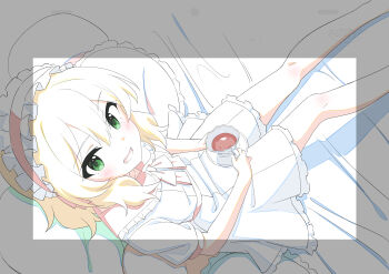 1girl absurdres blonde_hair blush cup dress frilled_dress frills from_above green_eyes hairband highres idolmaster idolmaster_cinderella_girls idolmaster_cinderella_girls_u149 lolita_hairband looking_at_viewer papiyon1297 sakurai_momoka saucer sitting smile solo teacup rating:General score:11 user:danbooru