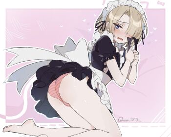  1boy alternate_costume apron artist_name ass barefoot blonde_hair blue_eyes blush commentary crossdressing crossdressing_(mtf) dress english_commentary enmaided freckles freminet_(genshin_impact) frilled_apron frills genshin_impact holding kneeling looking_at_viewer looking_back maid maid_apron maid_headdress male_focus male_maid open_mouth panties puffy_short_sleeves puffy_sleeves short_sleeves solo striped_clothes striped_panties trap twitter_username underwear wai1010  rating:Sensitive score:198 user:danbooru