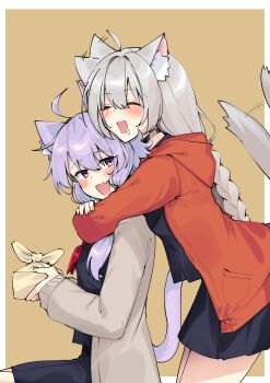  2girls :d ^_^ absurdres afterimage ahoge animal_ear_fluff animal_ears black_shirt black_skirt blush border braid brown_background cat_ears cat_girl cat_tail closed_eyes commentary_request ear_wiggle fang hair_between_eyes highres holding hood hood_down hooded_jacket hug hug_from_behind jacket kemonomimi_mode kizuna_akari long_hair low_twintails multiple_girls open_mouth pleated_skirt purple_eyes purple_hair red_jacket shirt skirt smile tail tail_wagging twin_braids twintails very_long_hair vocaloid voiceroid white_border wrapped_bento yuzuki_yukari zooanime 