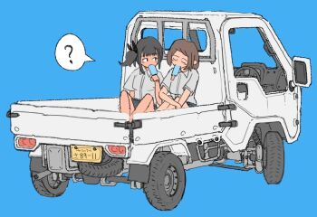  2girls ? black_hair blue_background blush brown_hair eating flat_color food fudeyama_kaede holding holding_food loafers motor_vehicle multiple_girls neckerchief on_truck original pickup_truck popsicle school_uniform shirt shoes short_hair short_sleeves simple_background sitting skirt smile speech_bubble truck twintails white_shirt 