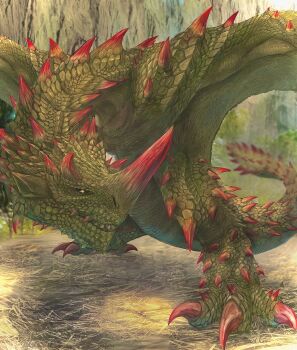 absurdres black_sclera colored_sclera commentary_request dragon espinas green_scales highres horns monster monster_focus monster_hunter_(series) monster_hunter_frontier monster_hunter_rise no_humans nostrils nutuki red_horns sharp_teeth single_horn slit_pupils spiked_tail spiked_wings spikes tail teeth wings wyvern yellow_eyes