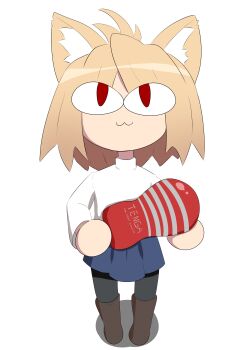  1girl :3 absurdres animal_ears artificial_vagina blonde_hair blue_skirt boots cat_ears cat_girl commentary english_commentary highres holding long_sleeves melty_blood neco-arc neco_spirit no_fingers red_eyes sex_toy shirt simple_background skirt slit_pupils solo tenga tsukihime type-moon white_background white_shirt zekn 
