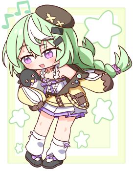  1girl :d bare_shoulders black_shoes blush border braid commentary_request dress full_body green_background green_hair hair_between_eyes hana_kazari highres jacket long_hair long_sleeves looking_to_the_side multicolored_hair musical_note nazuna_(stella_sora) off_shoulder open_clothes open_jacket open_mouth outside_border purple_eyes shoes sleeveless sleeveless_dress sleeves_past_fingers sleeves_past_wrists smile socks solo standing star_(symbol) stella_sora streaked_hair twin_braids two-tone_hair white_border white_dress white_hair white_socks yellow_jacket 