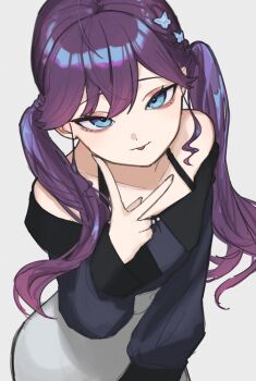  1girl :p absurdres bags_under_eyes black_shirt braid butterfly_hair_ornament collarbone commentary_request fingernails gakuen_idolmaster grey_skirt hair_ornament highres idolmaster kaya_rinha long_hair looking_at_viewer off-shoulder_shirt off_shoulder official_alternate_costume purple_hair ryo---ta shirt simple_background skirt solo tongue tongue_out twintails v white_background 