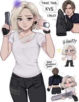  1boy 1girl ass black_gloves black_pants blonde_hair blue_eyes blushyspicy brown_hair chibi commentary english_commentary english_text facial_hair flashlight gloves grace_ashcroft gun highres holding holding_flashlight holding_weapon leon_s._kennedy pants parted_bangs pointing pointing_at_self resident_evil resident_evil_requiem shirt short_hair stubble sweat weapon white_background white_shirt 