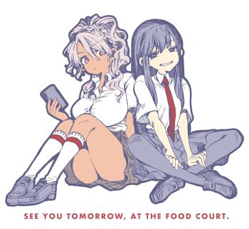  2girls black_hair black_pantyhose black_shoes black_skirt blonde_hair breasts brown_eyes brown_skirt cellphone collared_shirt commentary_request copyright_name food_court_de_mata_ashita full_body grin gyaru highres holding holding_phone indian_style knees_up large_breasts loafers looking_at_viewer multiple_girls nariie_shin&#039;ichirou necktie pantyhose phone pleated_skirt red_necktie school_uniform shirt shoes simple_background sitting skirt smartphone smile socks tan wada_(food_court) white_background white_shirt white_socks yamamoto_(food_court) 