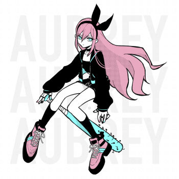  1girl alternate_color aubrey_(faraway)_(omori) aubrey_(omori) baseball_bat black_choker black_hairband black_jacket black_nails black_sailor_collar black_shirt black_skirt black_socks blue_eyes blue_nails bow_hairband character_name choker closed_mouth collarbone colored_shoe_soles commentary_request denim denim_skirt double-parted_bangs eyelashes full_body hair_between_eyes hairband halftone high_contrast invisible_chair jacket kneehighs light_frown limited_palette long_hair long_sleeves looking_at_viewer miniskirt multicolored_nails nail_(hardware) nail_bat nail_polish omori open_clothes open_jacket pink_hair pink_nails pink_shoes puffy_long_sleeves puffy_sleeves sailor_collar shirt shoelaces shoes sidelocks simple_background sitting skirt sneakers socks solo toastytoast very_long_hair white_background wind 