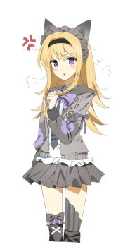  1girl :o alion_9715 alternate_costume anger_vein animal_ears annoyed black_hairband black_skirt blonde_hair blush bow cardigan cat_ears chaos;head commentary_request cropped_legs embarrassed fake_animal_ears frilled_shirt frills hairband highres korean_commentary long_hair long_sleeves looking_at_viewer necktie nishijou_nanami open_cardigan open_clothes open_mouth pleated_skirt purple_eyes ribbon science_adventure shirt simple_background skirt solo spoken_anger_vein standing thighhighs very_long_hair white_background zettai_ryouiki 