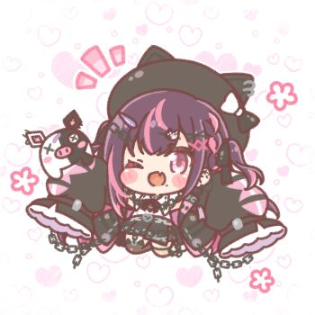  1girl ;d animal_ears animal_hat beret black_hat black_jacket black_skirt blush_stickers brown_thighhighs chibi collared_shirt commentary_request commission copyright_request fake_animal_ears fang hat heart heart_background highres jacket long_hair long_sleeves looking_at_viewer mitarashi_neko multicolored_hair notice_lines one_eye_closed open_clothes open_jacket open_mouth pink_hair pleated_skirt puffy_long_sleeves puffy_sleeves purple_eyes purple_hair shirt skeb_commission skirt sleeves_past_fingers sleeves_past_wrists smile solo streaked_hair thighhighs virtual_youtuber white_background 
