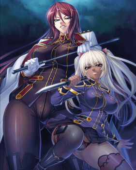  00s 2girls ass beatrice_kushan blonde_hair bow bow_panties breasts curvy dark-skinned_female dark_skin female_focus gradient_background grin highres holding huge_breasts kagami_hirotaka kangoku_senkan kangoku_senkan_3 kila_kushan knife large_breasts lilith-soft looking_at_viewer miniskirt mother_and_daughter multiple_girls panties pantyshot partially_visible_vulva pink_eyes red_hair riding_crop scan shiny_skin skirt smile smirk squatting standing thighs thong twintails underwear weapon  rating:Questionable score:65 user:fakyuh
