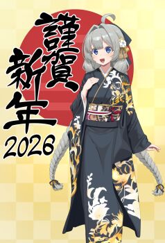  1girl 2026 absurdres ahoge black_kimono blue_eyes braid commentary floral_print floral_print_kimono flower grey_hair hair_flower hair_intakes hair_ornament hand_on_own_chest happy_new_year highres homura_shinji japanese_clothes kimono kizuna_akari long_hair nengajou new_year obi obijime print_kimono sash simple_background solo twin_braids vocaloid voiceroid 
