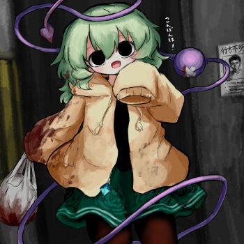  1girl :d alley bag bandage_over_one_eye black_eyes black_shirt blood blood_in_hair blood_on_clothes brown_pantyhose commentary_request cowboy_shot floral_print floral_print_skirt green_hair green_skirt heripantomorrow holding holding_bag hood hooded_jacket jacket komeiji_koishi looking_at_viewer medium_hair open_clothes open_jacket open_mouth pantyhose poster_(object) print_skirt rose_print shirt skirt sleeves_past_fingers sleeves_past_wrists smile solo third_eye touhou translation_request yellow_jacket zipper_pull_tab 
