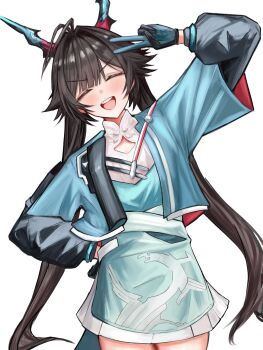  1girl arknights arknights:_endfield arm_up black_gloves black_hair blue_gloves blue_horns blue_tail blush chen_qianyu_(arknights) closed_eyes commentary_request cowboy_shot dragon_girl dragon_horn dragon_horns dragon_tail dress eastern_dragon_horns eastern_dragon_tail gloves ha_(huton_in_mach) highres horns jacket long_hair long_sleeves looking_at_viewer multicolored_gloves open_clothes open_jacket open_mouth simple_background smile solo standing tail teeth twintails two-tone_gloves upper_teeth_only white_background  rating:General score:1 user:danbooru