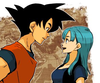  1boy 1girl bad_id bad_pixiv_id black_eyes black_hair blue_eyes blue_hair bulma dragon_ball dramatica smile son_goku spiked_hair  rating:Sensitive score:29 user:danbooru
