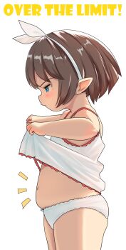  1girl belly blue_eyes brown_hair closed_mouth clothes_lift dress dress_lift english_text final_fantasy final_fantasy_xiv from_side highres lalafell lifting_own_clothes loli navel notice_lines panties plump pointy_ears shelldy short_hair simple_background solo underwear very_short_hair white_background white_dress white_panties  rating:Sensitive score:88 user:SassyLoliCorrector