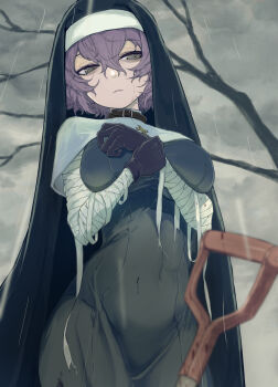  1girl arms_under_breasts bandaged_arm bandages black_choker black_dress black_gloves black_veil bouhuman breasts capelet choker cloud commentary_request covered_navel cross dark_cloud dress gloves grey_eyes grey_sky hair_between_eyes highres large_breasts looking_to_the_side messy_hair nun nun_headdress original outdoors overcast purple_hair rain raincloud ringed_eyes shovel sky solo tight_clothes tree veil wet wet_clothes wet_hat white_capelet 
