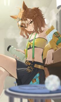  1girl animal_ears armpits bare_shoulders black_skirt blush bottle braid breasts brown_eyes brown_hair commentary crossed_legs from_side hair_between_eyes half_up_braid half_updo highres holding holding_bottle horse_ears horse_girl horse_tail jacket jungle_pocket_(champion's_battle_cry)_(umamusume) jungle_pocket_(umamusume) looking_at_viewer medium_hair mixed-language_commentary multicolored_hair navel ningen_gokko open_clothes open_jacket open_mouth sitting skirt small_breasts solo sports_bra stomach sweat tail two-tone_hair umamusume water_bottle white_hair yellow_jacket yellow_sports_bra 