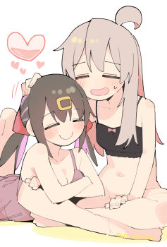 2girls :d =_= ahoge artist_name bare_arms bare_shoulders barefoot black_bra black_thighhighs blush bottomless bow bow_bra bra breasts cleavage collarbone colored_inner_hair commentary convenient_hand crossed_arms crossed_legs grey_hair hair_ornament hair_ribbon hairclip hand_on_another's_head hand_on_own_leg headpat heart highres indian_style long_hair lying medium_breasts multicolored_hair multiple_girls navel nightgown on_stomach onii-chan_wa_oshimai! open_mouth oyama_mahiro oyama_mihari pink_hair pink_nightgown purple_hair red_ribbon ribbon siblings simple_background sisters sitting small_breasts smile spaghetti_strap thighhighs toro_manma twintails two-tone_hair underwear underwear_only white_background 