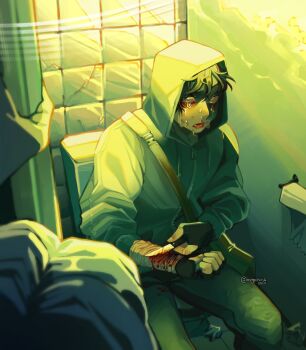  1boy 1other aegyo_sal bag bathroom black_gloves black_hair bloodshot_eyes commentary crack cracked_wall cry_of_fear crying crying_with_eyes_open english_commentary feet_out_of_frame fingerless_gloves gloves green_theme grey_hoodie highres holding holding_knife hood hood_up hoodie indoors knife male_focus mogilnik6 pov pov_hands self-harm short_hair shoulder_bag simon_henriksson sitting solo_focus tears tile_wall tiles toilet_paper wrist_cutting 