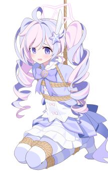  absurdres blue_archive blue_hair blush bound bound_arms bound_legs bound_torso bow commentary_request drill_hair hair_ornament halo highres jacket long_hair magical_girl multicolored_hair no_shoes official_alternate_costume official_alternate_hairstyle open_mouth pantyhose petticoat purple_bow purple_eyes purple_hair purple_halo purple_jacket purple_pantyhose purple_skirt reisa_(blue_archive) reisa_(magical)_(blue_archive) seiza shibari shirt sitting skirt star_(symbol) star_hair_ornament striped_clothes striped_pantyhose twin_drills two-tone_hair white_shirt wing_hair_ornament wo_cao_xiao 