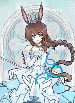  1girl amiya_(arknights) animal_ears arknights bare_shoulders blue_dress blue_eyes braid brown_hair chinese_commentary closed_mouth commentary_request crown dress floating_hair hair_between_eyes halter_dress halterneck hand_up highres jewelry kaifeng_cai_danta_chu light_smile long_hair looking_at_viewer multiple_rings ring solo standing white_dress 