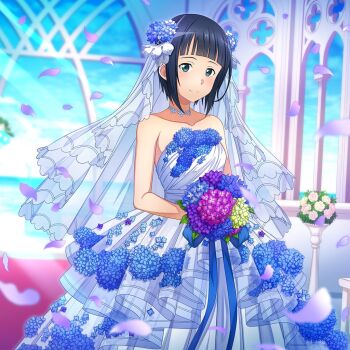  1girl black_hair blue_eyes blue_flower blue_sky bouquet bridal_veil choker collarbone dress flower looking_at_viewer pink_flower purple_flower sachi_(sao) short_hair sky smile solo strapless sword_art_online sword_art_online:_integral_factor veil wedding_dress  rating:General score:0 user:MK12-T0