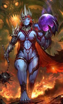  1girl abs armor asymmetrical_arms aura bad_id bad_twitter_id ball_and_chain_(weapon) barefoot biceps bikini_armor black_cape blue_skin breasts cape chain_mace circlet cleavage colored_skin crown demon_girl embers epic extra_eyes facial_scar fire flail gem glowing half_mask highres holding holding_weapon jewelry large_breasts lava long_hair looking_at_viewer mask medium_breasts monster monster_girl muscular muscular_female nails navel nekoemonn o-ring outdoors parted_lips pauldrons pointy_ears red_cape red_eyes red_hair revealing_clothes scar scar_on_cheek scar_on_face sharp_toenails shoulder_armor signature slit_pupils smile smoke spiked_ball thong toenails torn_cape torn_clothes underwear veins veiny_arms walking weapon  rating:Sensitive score:54 user:danbooru