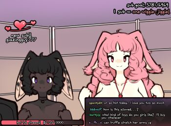  2girls :3 animal_ears black_hair breasts chat_log chocolate_truffle_(zako_sketch) closed_mouth commentary completely_nude cowlick dark-skinned_female dark_skin english_commentary english_text fake_screenshot fake_video heart height_difference highres interface_censor jewelry large_breasts livestream long_hair medium_breasts multi-source_commentary multiple_girls necklace nude original petite pink_eyes pink_hair purple_eyes rabbit_ears rabbit_girl short_eyebrows short_hair smile strawberry_necklace strawberry_shortcake_(zako_sketch) upper_body very_dark_skin zako_sketch 