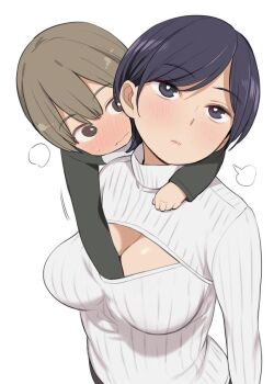 1boy 1girl age_difference arm_around_neck arm_between_breasts bad_id bad_twitter_id between_breasts black_eyes black_hair blush breasts bright_pupils brown_eyes brown_hair cleavage full-face_blush groping hetero inactive_account large_breasts light_brown_hair long_sleeves looking_away nora_higuma onee-shota open-chest_sweater original reaching_into_cleavage ribbed_sweater short_hair shota sweater swept_bangs turtleneck upper_body wavy_mouth
