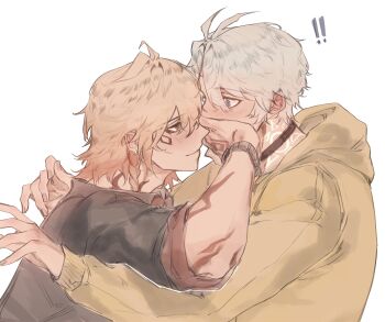  ! !! 2boys alternate_costume antenna_hair arm_tattoo black_choker black_shirt blue_eyes blush bracelet braid brown_eyes choker closed_mouth covering_another's_mouth eye_contact gradient_hair hand_over_another's_mouth hand_tattoo highres honkai:_star_rail honkai_(series) hood hood_down hoodie hover_hand jewelry looking_at_another male_focus multicolored_hair multiple_boys mydei_(honkai:_star_rail) neck_tattoo phainon_(honkai:_star_rail) pikminpurplest red_tattoo shirt side_braid simple_background smile sun_symbol sun_tattoo tan tattoo upper_body white_background white_hair wide-eyed yaoi yellow_hoodie 